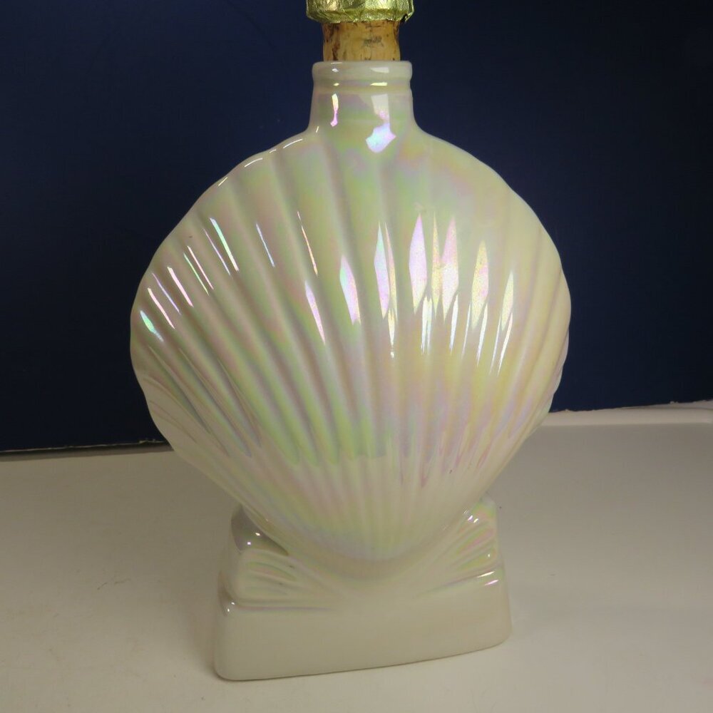 Ceramic Sea Shell Liquor Bottle w iridescent glaze & org. cork 9.5" tall EMPTY